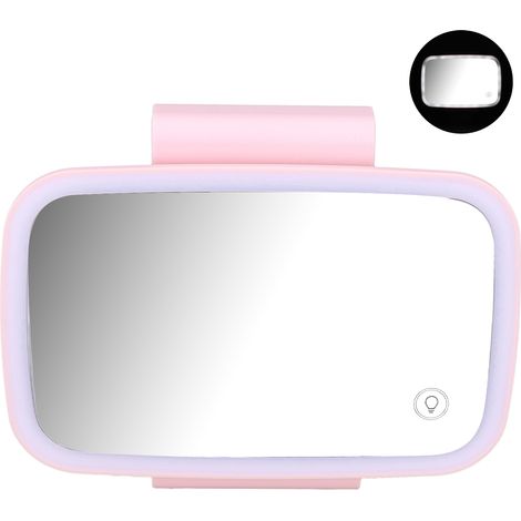 Miroir de courtoisie LED pour pare-soleil de voiture, éclairage tactile, prise USB, pince rétractable, teinte rose, clip arrière, plug and play (1/5)