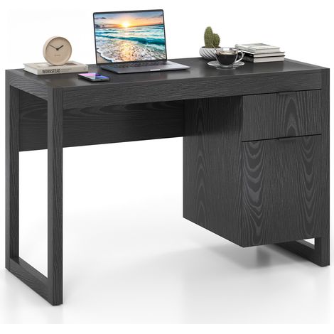 Bureau informatique noir avec plateau, tiroir et placard, panneau épais et poignée métallique pour télétravail, études et jeux (1/5)
