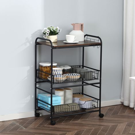 Küchenwagen im Industriestil mit 4 Rollen, 2 Körben und 4 Haken, 60 x 38 x 85,5 cm, Braun/Schwarz (1/5)