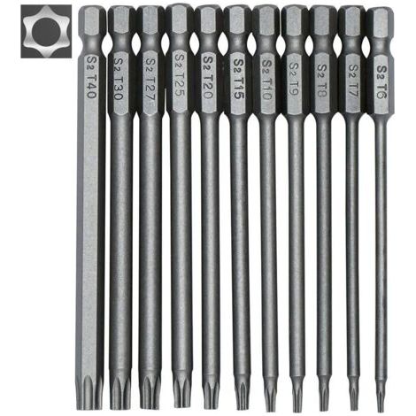 Jeu de 11 embouts longs Torx pour tournevis et visseuse électrique - Embouts magnétiques - Tige hexagonale de 1/4" - Tailles T6 à T40 - Longueur 100 mm NPTERBL