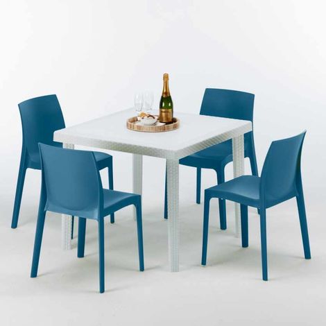 Tavolino Quadrato Bianco 90x90 cm con 4 Sedie Colorate Rome Love - Blu