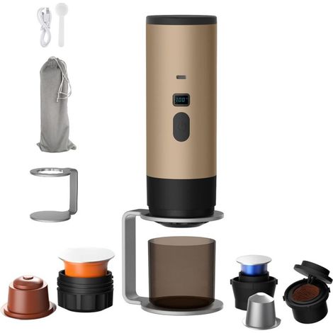 Machine a Cafe Portable, 3 En 1 Machine à Café Multi Capsules Avec D'Eau 90ml et Écran LED pour Camping, Bureau et Voiture, Auto-Chauffante, Compatible Café Moulu et les Capsules Espresso (Champagne) (1/5)