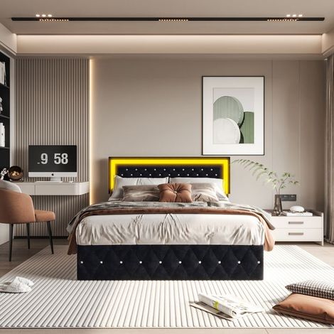 Letto contenitore 160x200 - Velluto nero - LED integrata - Meccanismo idraulico silenzioso - Design moderno chic