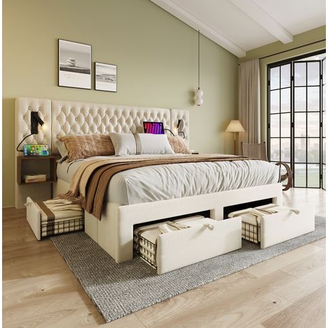 Letto matrimoniale 180x200 cm beige in velluto con comodini, cassetti, luci LED e porte USB-C (1/5)