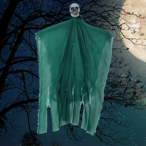 Lebensechte Halloween-Skelett-Dekoration, gruselige hängende Totenkopf-Dekoration, Ornament-Dekorationsrequisiten, grüne Kleidung (1/5)