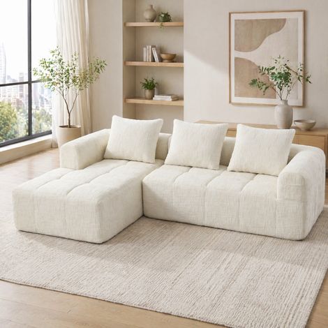 Sofá rinconera de 3 plazas en chenilla beige, con chaise longue, sin instalación HAVRYA (1/5)