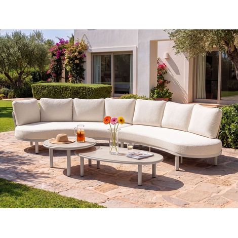 Conjunto modular de exterior sofá curvo con mesa 6 plazas estructura de metal tablero de vidrio templado beige Oriolo (1/5)