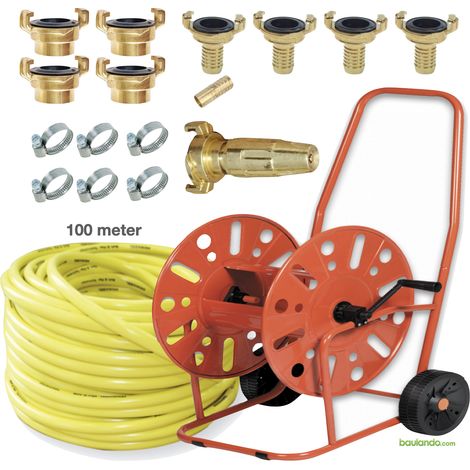 Schlauchwagen PROFESSIONAL stahl + 100m 3/4 Wasserschlauch + Spritzdüse + Anschlüße