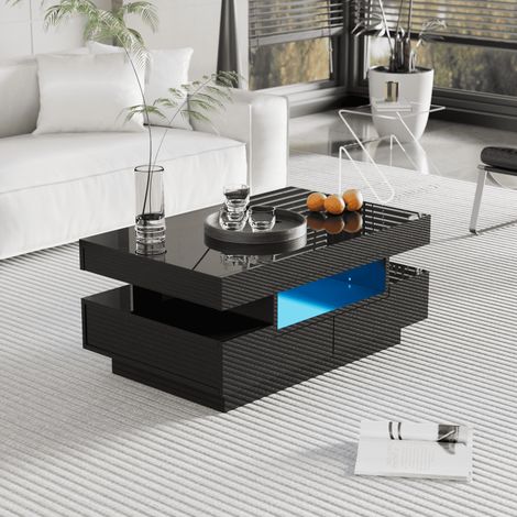 Table basse LED 80 x 50 x 36 cm, 4 tiroirs et 3 niches ouvertes, en panneaux de particules, salon, noir brillant (1/5)