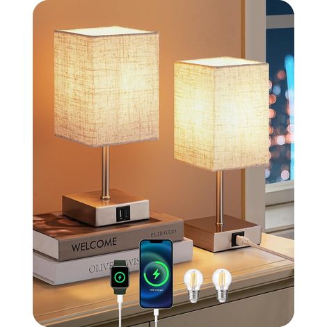 Lot de 2 Lampe de Chevet Tactile, Gradation 3 Niveaux, Port USB, Ampoule E27 Incluse, Abat-jour Tissu, Pour Chambre, Salon