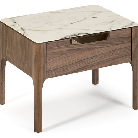 Table de chevet plateau verre effet marbre et bois 1 tiroir poignée cuivré système push+soft - Noyer, blanc, gris, cuivre (1/5)