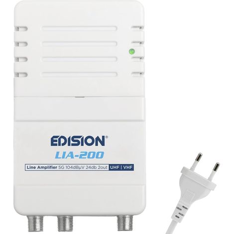 EDISION LIA-200 Amplificateur Antenne TV TNT intérieur d'appartement UHF/VHF, 12-24db Réglable, 104dBmV, pour Numérique Terrestre DVB-T/T2, avec Filtre 5G LTE, 1 entrée, 2 Sorties (1/5)