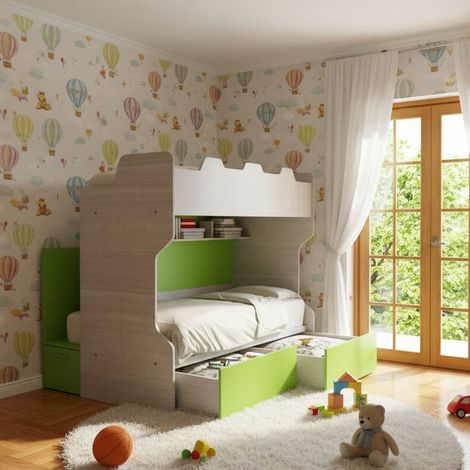 Letto a castello con scala contenitore e terzo letto estraibile - Cameretta salvaspazio - Rovere rock e Verde mela