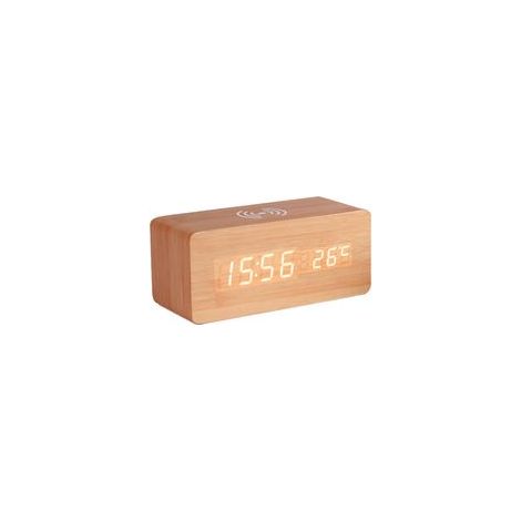 Horloge en bois de bambou à chargement sans fil avec affichage de la température et lettres blanches (1/5)