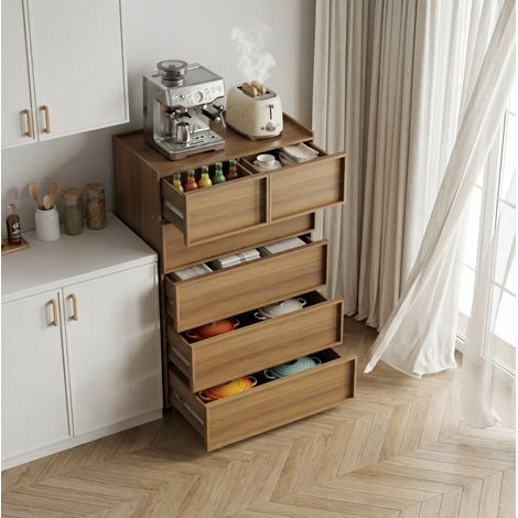 Cómoda de 6 cajones de madera, mueble de almacenaje moderno, color roble, 80 x 48 x 127,5 cm (1/5)