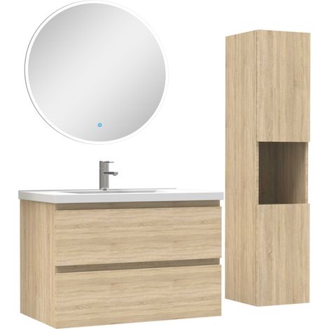 Ensemble meubles simple vasque 80cm,colonne + miroir rond lumineux Chêne Wotan