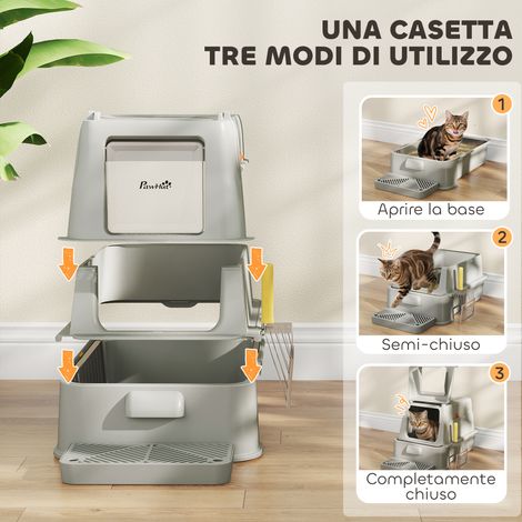 Litière chat fermée 80L avec bac extractible, acier inox et ABS, 63x43x43 cm, gris clair (1/5)