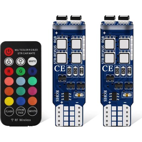 Lumières D'ambiance à LED T10 RGB de 12 V Avec 6SMD Ampoules LED 5050 - Contrôleur à Distance sans Fil 16 Couleurs Changeantes - Ampoules D'intérieur Pour Wedge de Voiture W5W 501 (pack de 2) (1/5)