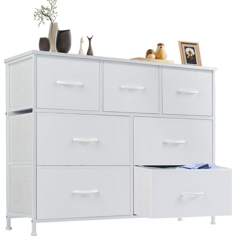 Commode contemporaine ,7 tiroirs en tissu avec poignées, structure en métal, 100 x 30 x 77 cm (blanc) (1/5)