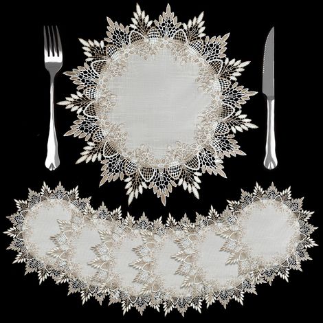 Lot de 6 Sets de Table à Brodée Dentelle Bordure, 39 cm sous Assiette de Table en Lin Rond Vintage, Dessous Assiette Lavable Absorbant pour Cuisine, Salle à Manger, Fêtes, Vase Décoration (1/5)