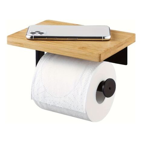 Porte Papier Toilette avec Etagère Bambou Salle de Bain Porte Rouleau en Acier Inoxydable SUS304 Support Mural Noir Mat,