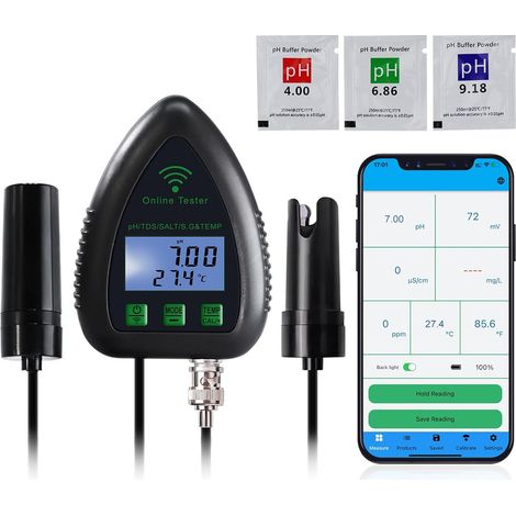 Testeur 5 en 1 pH TDS SG Testeur de salinité de température Testeur Datalogger Testeur de qualité de l'eau pour aquariums, aquaculture, étangs, etc. Surveillance à distance intelligente (1/5)