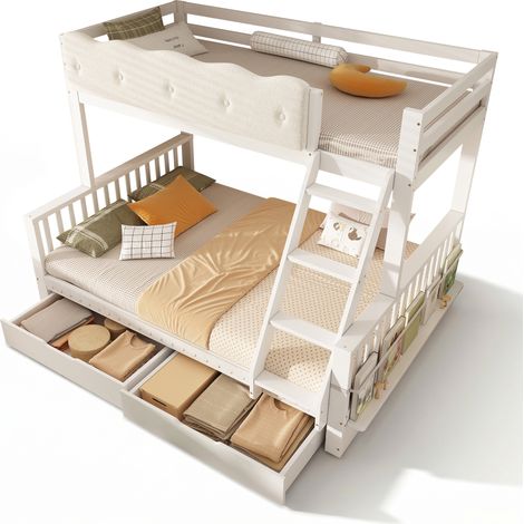 Lit superposé familial 90x200/140x200 cm, barrière nuage de sécurité, tiroirs et rangement latéral, bois massif, pour enfants et adultes, norme EN 747:2024, blanc, sans matelas (1/5)