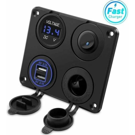 Prise allume-cigare, double port USB 4.2A, prise DC 12V, interrupteur et affichage LED Voltmètre Prise courant chargeur voiture étanche pour voiture 12V/24V, bateaux et marine, moto,camion,SUV, UTV (1/5)