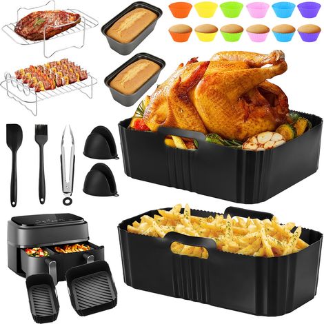 Accessoires air fryer 28 pièces compatibles Philips NA350 3L 6L, moules silicone, grilles inox et ustensiles, noir (1/5)