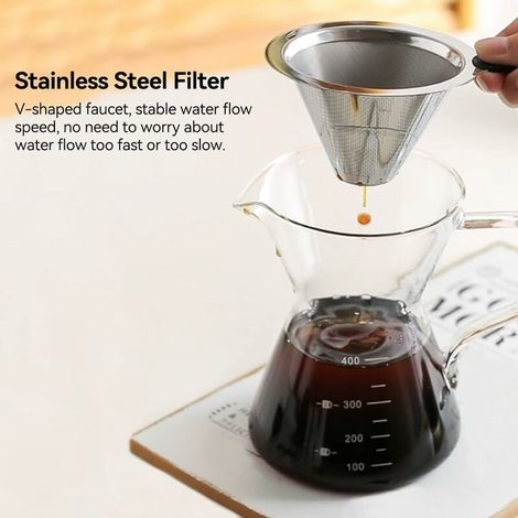 Cafetière à verser, Filtre à Café Manuelle, Carafe en Verre Borosilicate, cafetière manuelle pour-over avec filtre permanent, 0,4 L (1/4)