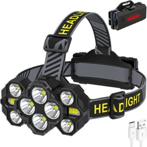 LED-Stirnlampe, 10.000 Lumen, wiederaufladbar, mit 10 LEDs, 10 Leuchtmodi, wasserdicht (IPX4), 90° verstellbarer Abstrahlwinkel, freihändig nutzbar, ideal für Camping, Radfahren und Aktivitäten bei Na