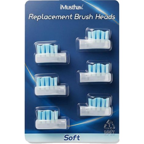 Replacement Toothbrush Heads, Soft Bristles, Rounded Tips for Sensitive Gums, Clip On Heads (Soft, Blue, Pack of 6)