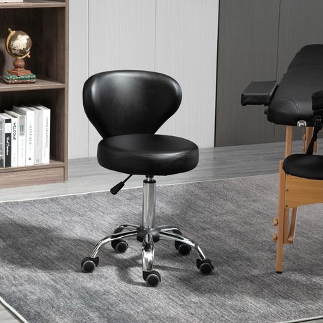 Tabouret rotatif 360° réglable en hauteur 49-64 cm, dossier ergonomique - Siège massant sur roulettes, structure en métal chromé et similicuir noir