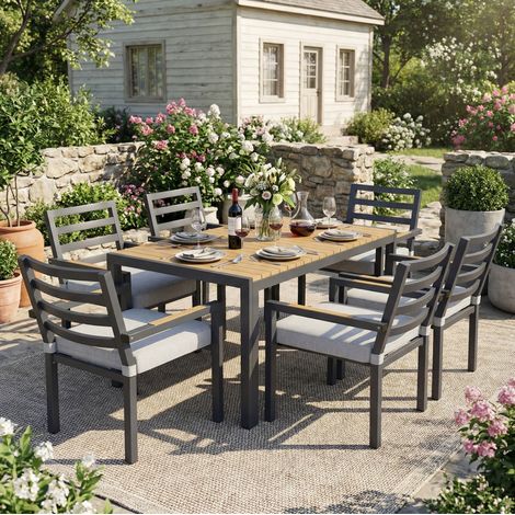 REDOM - Ensemble de jardin 6 places, 1 table et 6 chaises avec accoudoirs, acier galvanisé, plateau aspect bois, gris