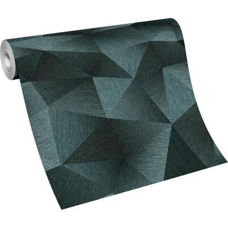 Papier peint moderne bleu à motif graphique | Tapisserie à motif géométrique tendance | Papier peint uni bleu effet trompe l'oeil (1/4)