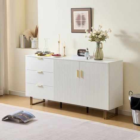 Modernes Sideboard mit 2 Türen und 3 Schubladen, Goldfarbene Aluminiumgriffe, Wohnzimmer, 160 × 40 × 81,5 cm, MDF, Weiß (1/5)