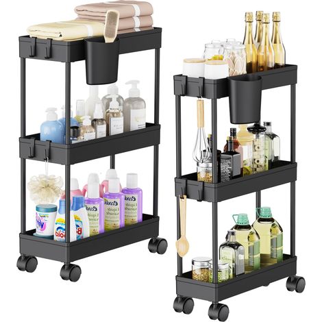 Lot de 2 Chariot de Rangement à 3 Niveaux à roulettes avec avec Crochets et suspendues Amovibles pour Salon/Salle de Bain/Salle de Bain/Buanderie/Cuisine/Bureau (Noir) (1/5)