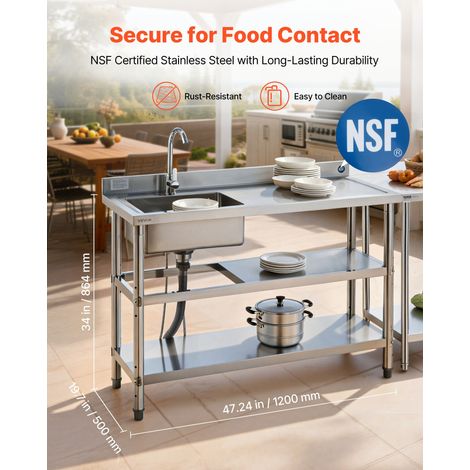 Évier cuisine utilitaire en acier inoxydable, évier professionnel autoportant à cuve unique avec robinet, tuyau d'eau chaude et fro… (1/5)