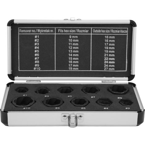 Kit 10 pièces extracteur de boulon en acier noir hexagonal, retrait d'écrou endommagé et de goujon, coffret aluminium inclus. (1/5)