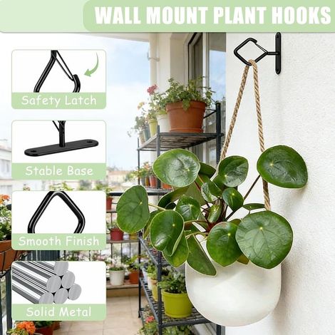 2 Pièces Crochets de Plafond pour Plantes Suspendues, 7.5 cm Crochet Métal avec Boucle de Sécurité, Support Mural Robuste pour Pots de Fleurs, Suspensions, Lumières, Mangeoires à Oiseaux, Décoration (1/4)