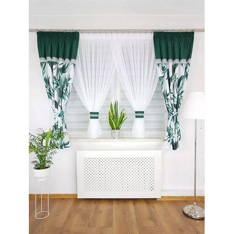 Rideau court à voilage orné d'un motif de feuilles tendance - vert (1/5)