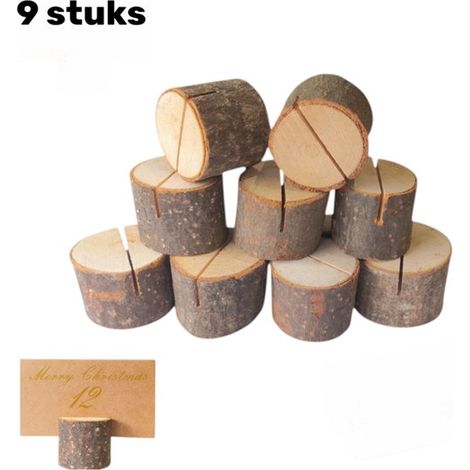 9 pièces - Porte-cartes en bois - Porte-cartes de table - Étiquette nominative - Porte-photo - Pour numéros de table, cartes de nom - Supports en bois rustiques - Pince à photos et mémos marron (1/5)