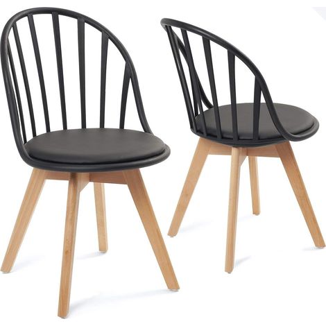 Ensemble de 2 chaises de style bistro scandinave pour cuisine, salle à manger ou chambre, avec coussin rembourré en similicuir et pieds en hêtre clair (noir). (1/5)
