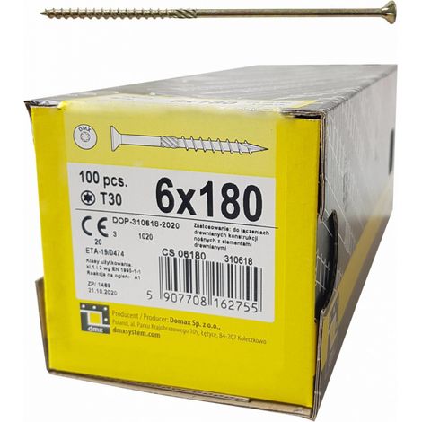 Vis autoperceuse 6x180 mm – Tête conique TX-30 – 100 pièces – Pour bois massif et panneaux – Vissage rapide sans pré-perçage – Domax