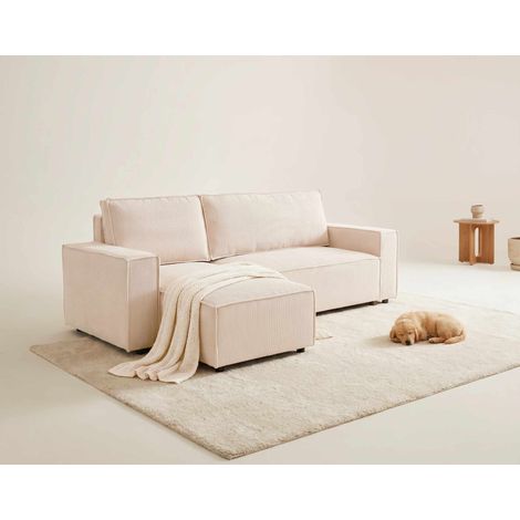 Hector - canapé d'angle réversible 4 places convertible avec coffre en velours côtelé - beige (1/5)