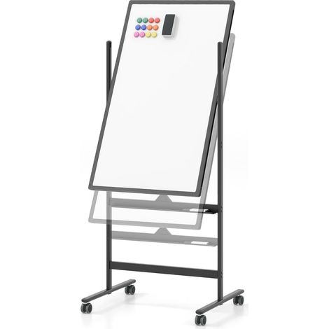 Tableau blanc double face réversible 68 x 56 x 155,5-183,5 cm avec roulettes pratiques moderne en métal noir