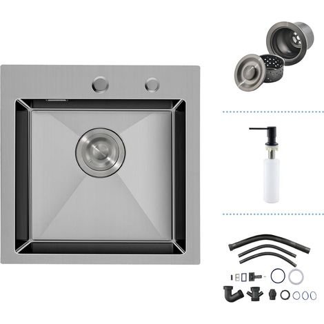 Petit Évier Cuisine, Inox Noir 45x45, 1 Bac, Carré, 2 Trous Robinet (1/5)