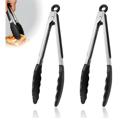 2 x Silicone Kitchen Tongs 27 cm, Silicone Tongs with Stainless Steel Tip and Ergonomic Handle, Kitchen Tongs for Barbecue, Grill, Oven and Air Fryer (Black) (1/5)