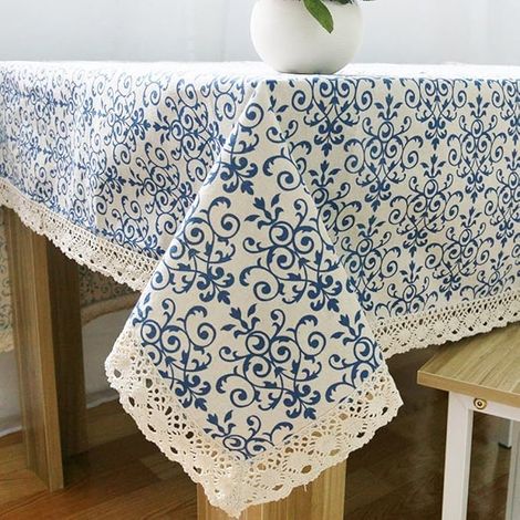 Nappe de table oblongue à fleurs de 55 x98 pouces, en tissu coton-lin style baroque bohème bleu, pour salle à manger, pique-nique, couverture de table, décoration domestique (1/4)