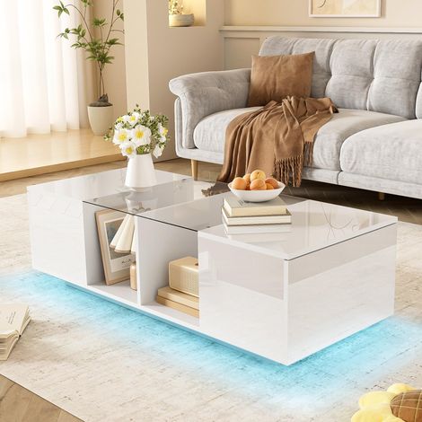 Moderner weißer Couchtisch mit LED-Beleuchtung, hochglänzender Tischplatte, 120 x 50 x 38,5 cm, Modern Design (1/5)